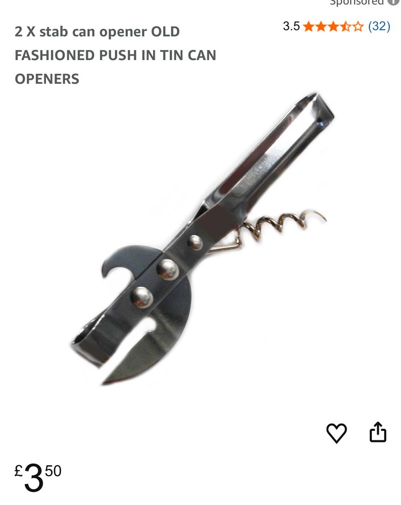A dangerous stabby old fashioned tin opener. £3.50 from Amazon. 