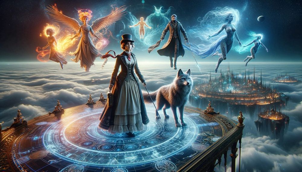 Mia, in her Victorian-era attire, stands atop a hill overlooking the vast metaverse realms she has journeyed through. Lupus sits loyally beside her, and the elemental beings float around them in a protective and celebratory circle.