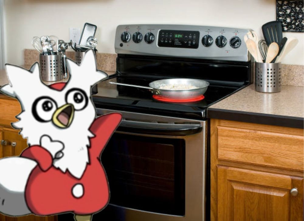 Art of the Santa-themed Pokemon Delibird as it’s reaching up with its left arm toward a hot pan on the stove while holding a large white sack on its right.