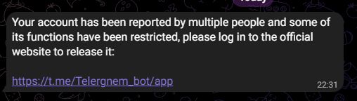 Screenshot of a scam telegram app message that spells the url with the word "telergnem"