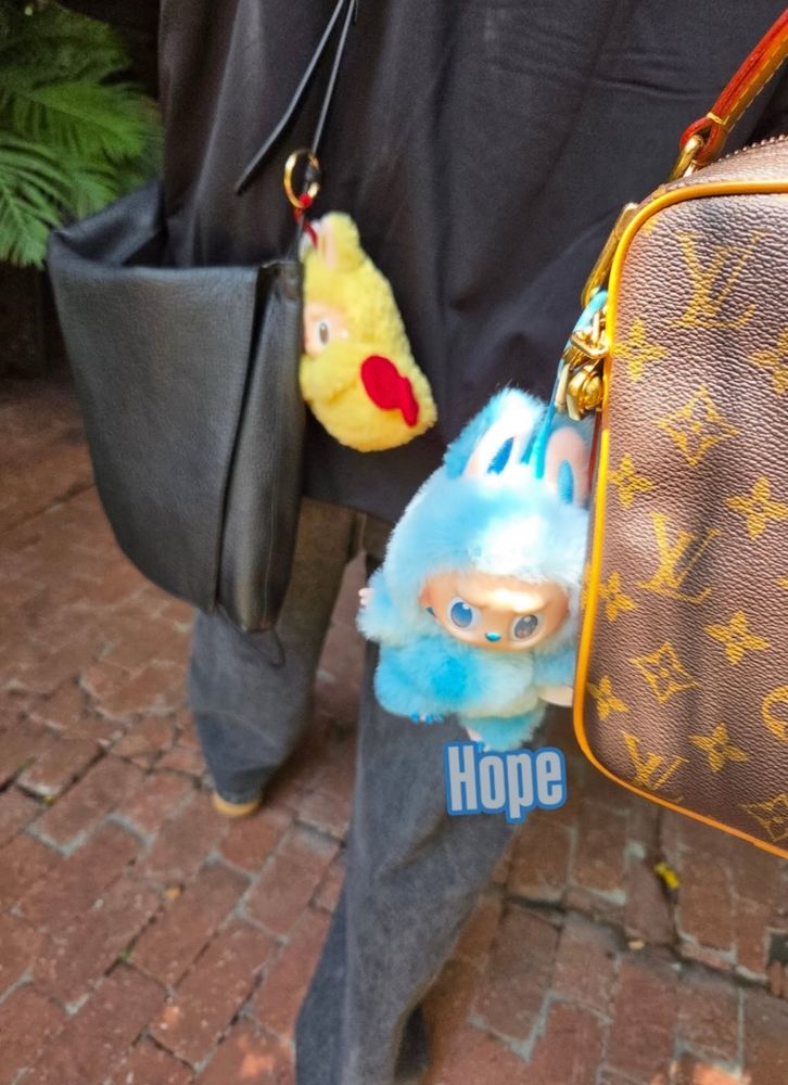 Photo of two Labubus — one on Joon’s bag and the other on Hobi’s LV bag. 