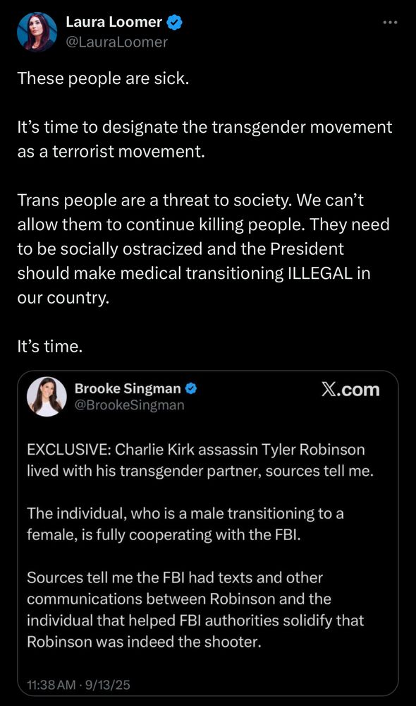 Tweet from Laura Loomer calling for trans people to be designated as terrorists