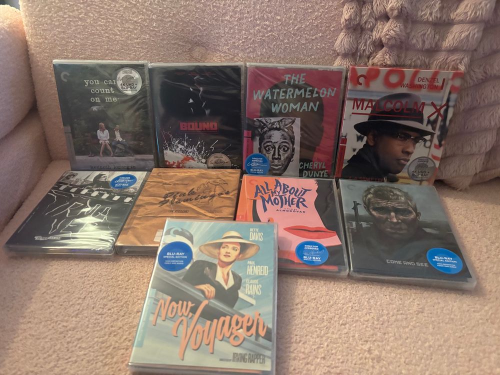 Criterion releases for: You Can Count On Me, Bound, The Watermelon Woman, Malcolm X, Irma Vep, Pink Flamingos, All About My Mother, Come and See, and Now Voyager