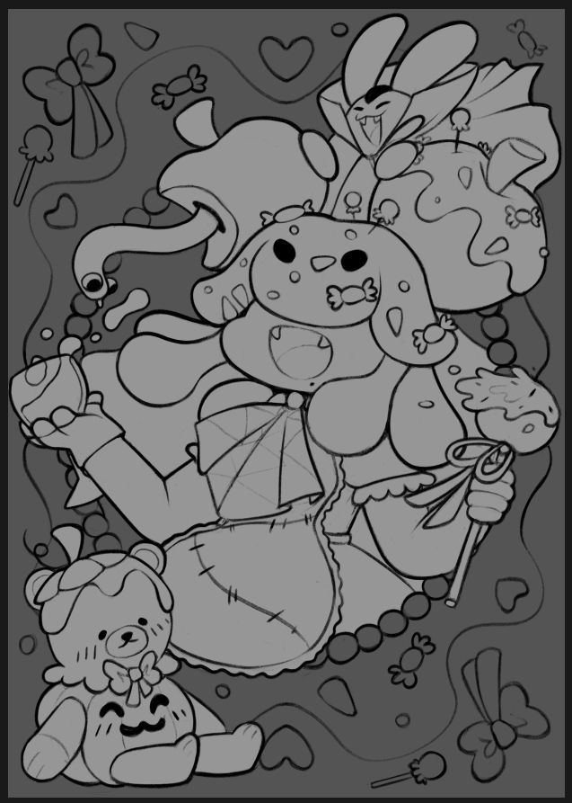 a greyscale sketch of bun, poot and gelato in their halloween costumes surrounded by lots of candy. bun is dressed as a poison apple vampire holding a glass of juice in one hand and a candle apple in the other. poot is also dressed as a vampire holding onto bun's apples on top of faer head. gelato is sitting in the bottom left in a pumpkin costume smiling.