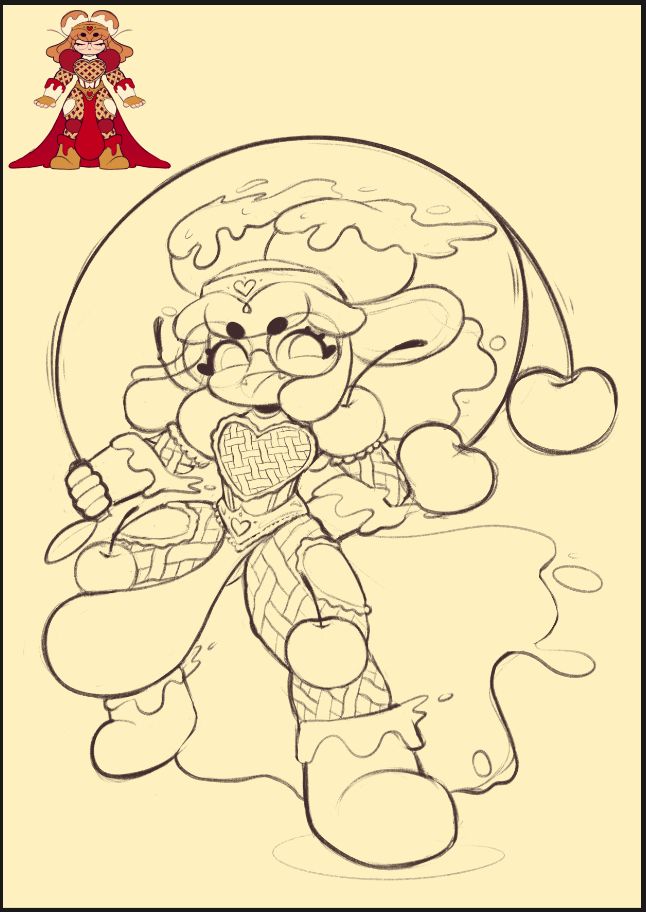 a sketch of bun dressed as a cherry pie themed knight, throwing a flail that has two cherries on the end.

[ #bunoffieart #WIP #art #sketch ]