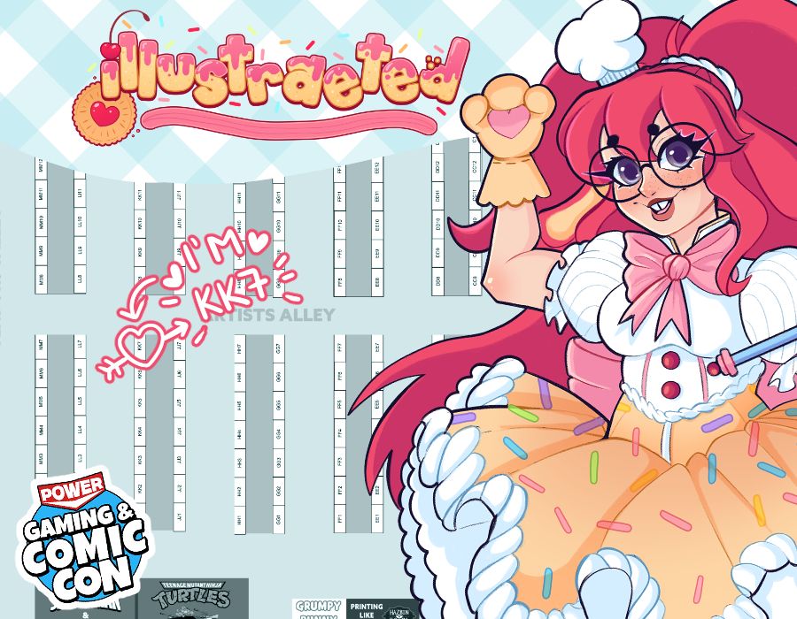 a graphic of the artist alley floor for power & gaming con. there is a heart around 'KK7' to indicate where rae is located. at the top there is a gingham border with rae's 'illustraeted' logo on top. rae's magical form drawing is on the right with their arm sticking up. the logo for power & gaming con is in the bottom left corner.