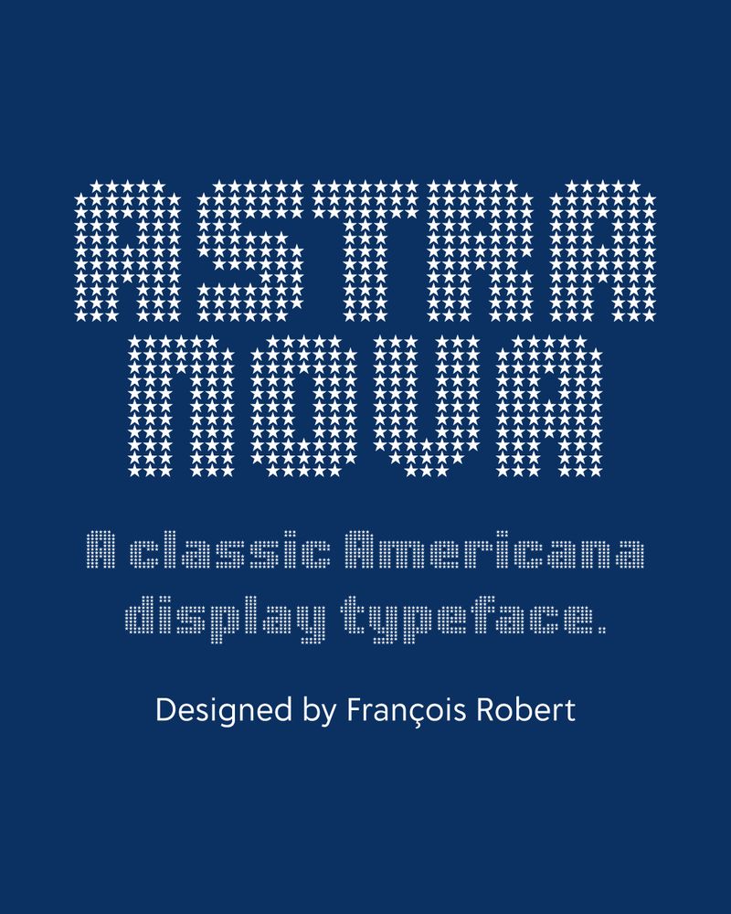 The title “ASTRA NOVA” typeset in all bold capital letters in the font Astra Nova, the design of which has each letter comprised of a grid-based matrix of white stars on a dark blue backgorund evoking a nostalgic, Americana aesthetic. The next line is the subtitle, also set in Astra Nova and in white but amaller and reads: “A classic Americana display typeface.” The last line is set in a sans serif typeface, in white and reads: “Designed by François Robert”