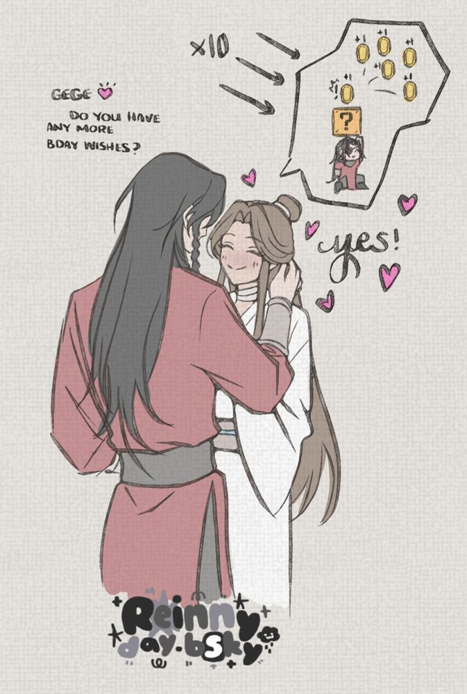 Hua cheng pets Xie Lian's hair and asks "gege so you have any more birthday wishes?" Xie lian smiles happily and replies with a confident "yes". Above them is an image of Hua Cheng jumping and hitting the mario question box, knocking the coins out over and over again. (Times ten)