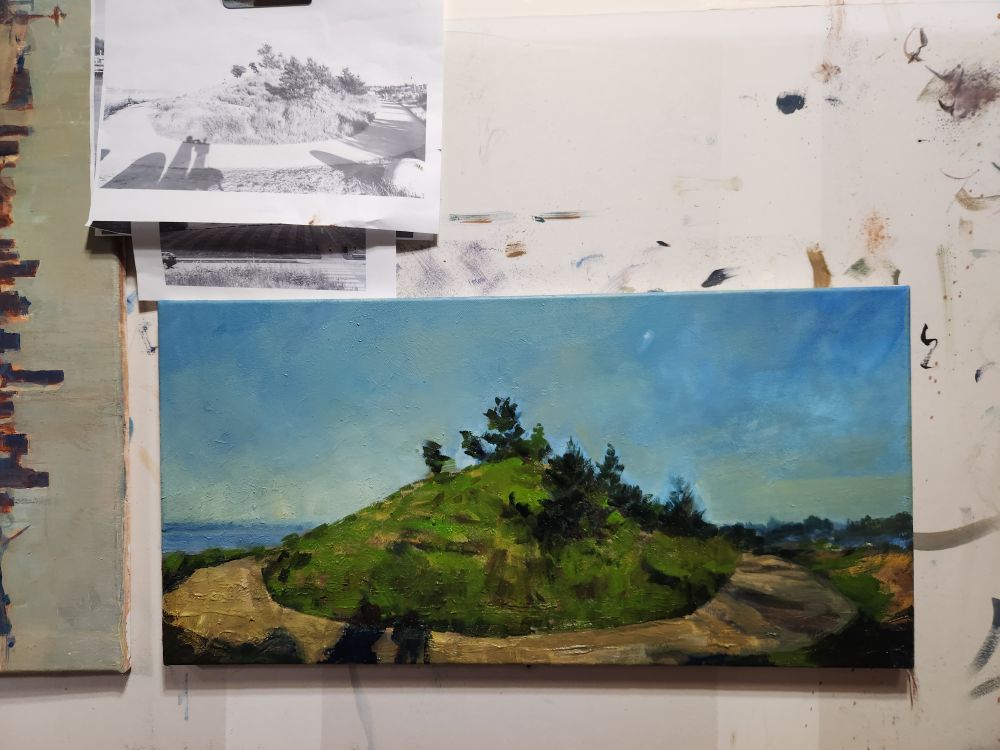 Oil painting in progress, view south from the northern tip of Dune Peninsula, point Ruston in Tacoma, Washington 
Plein air June 6th, 2025