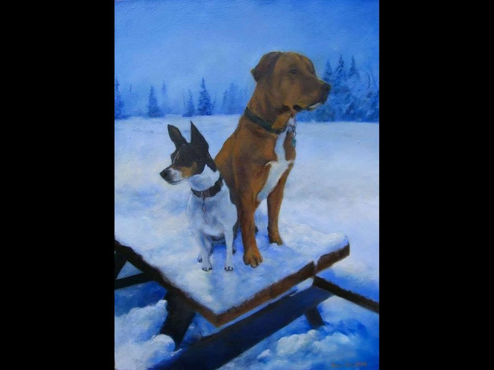 Two dogs sitting alert on a picnic table covered in snow on a winters day on the PNW