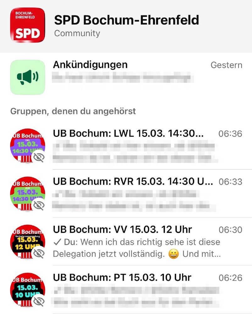 Screenshot aus der SPD Bochum-Ehrenfeld Community mit verschiedenen Gruppen