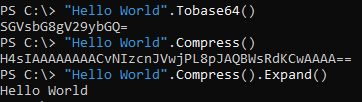 three lines of simple PowerShell code, and their result:
"Hello World".Tobase64()
"Hello World".Compress()
"Hello World".Compress().Expand()