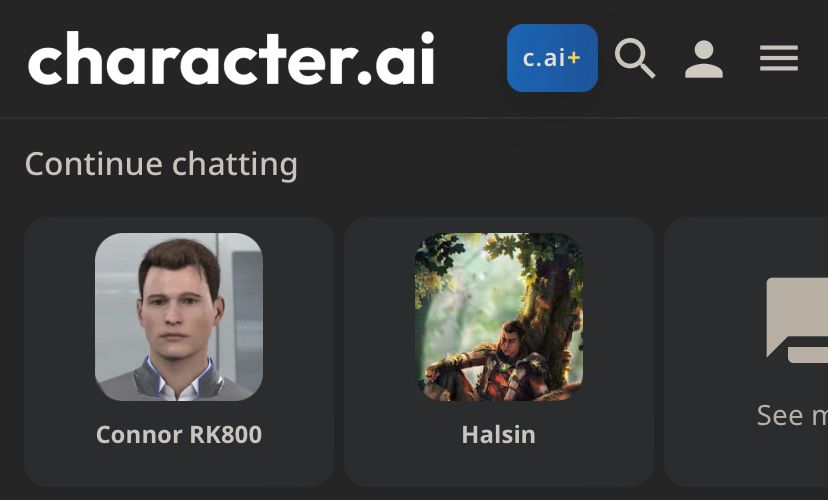 A screenshot from the website character.ai depicting existing chats with Connor from Detroit become human and Halsin from Baldur’s Gate 3