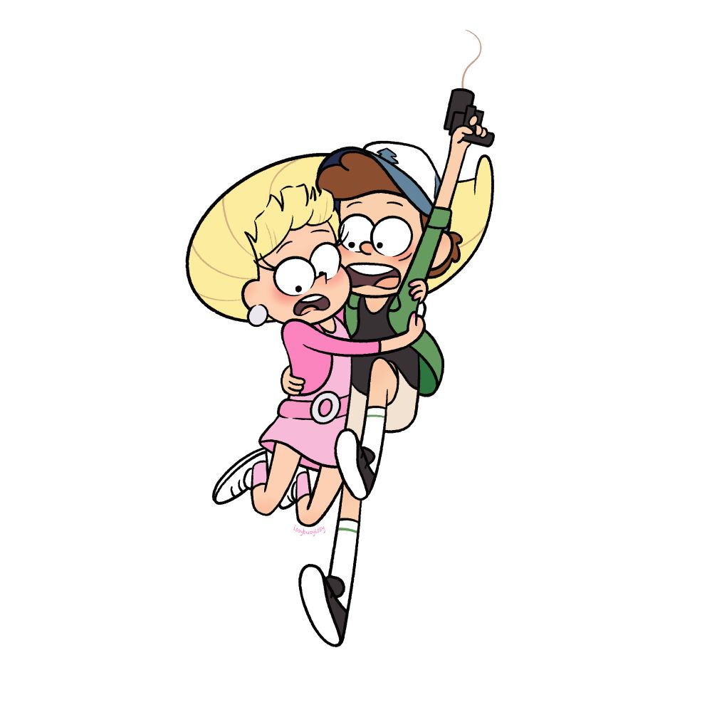 Dipper and Pacifica are hugging each other as Dipper uses the grappling hook, swinging them. Both having fear splattered across their faces, along with a light blush. Pacifica, on the left, is in a complete ensemble of pink shades. She is wearing a light pink dress with matching socks and her cardigan is a darker shade of pink, with matching nails. Dipper is sporting his trucker hat along with a black shirt, beige khaki shorts, and a green flannel throw-over.