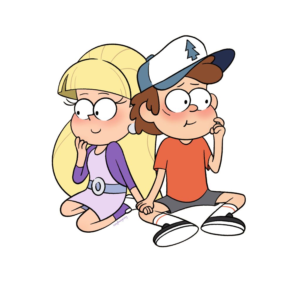 Pacifica and Dipper sitting on the floor. Dipper, on the right, is wearing his classic orange shirt and gray shorts with his trucker hat. He is also grabbing Pacificas left hand with his right. Pacifica is wearing her classic colors of purple, but her outfit consists of a dark purple cardigan, light purple dress, a circular belt, and dark purple socks with white sneakers. They are both blushing and looking away from each other.