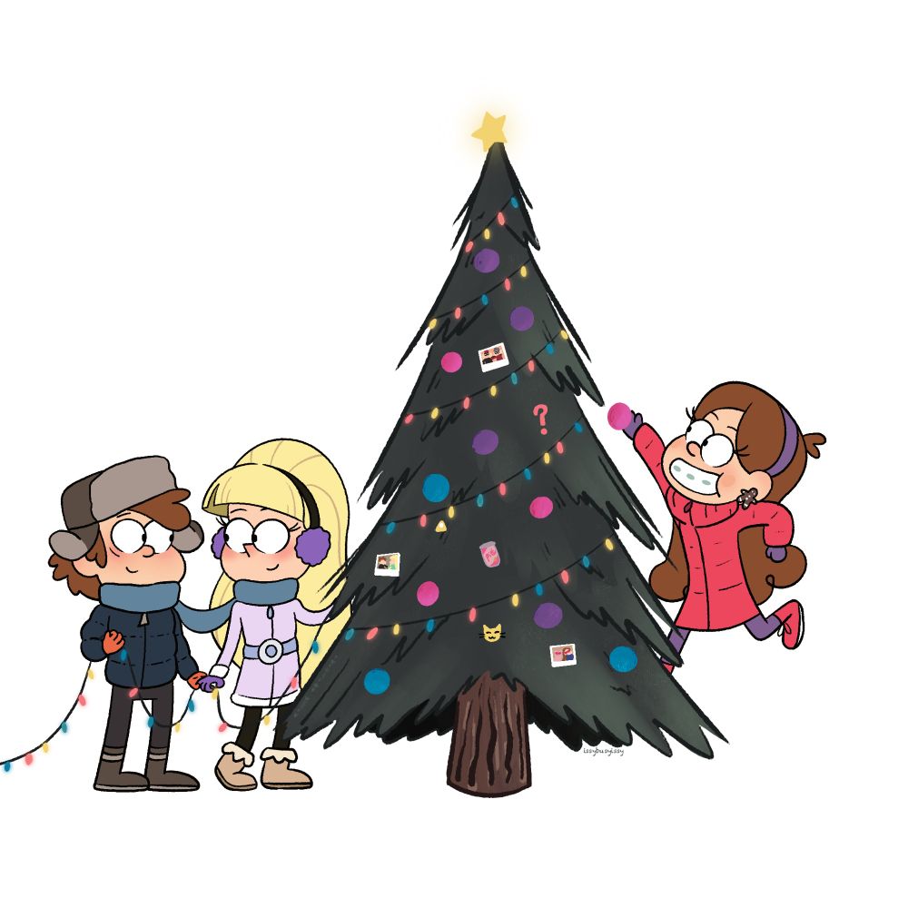 In the center is a Christmas tree that is decorated in lights and ornaments. To the left of the tree stands Dipper and Pacifica. Dipper is wearing a dark blue puffer jacket with dark gray pants, orange gloves and brown-gray boots which match his hat from Wendy. Pacifica is wearing a light purple long coat with fluffy white end pieces and a darker purple belt with a silver circular loop. She is also wearing dark purple gloves that match her ear muffs, along with near black leggings and her iconic beige boots. Her and Dipper gaze at each other as they put up the lights on the tree. Brushing their hands together. They also are sharing a scarf.
Mabel is to the right of the tree, jumping in the air to place an ornament. She is wearing a hot pink puffer long jacket which is paired with purple legging, gloves, boots and headband. She has a large smile on her face, showing her braces.
The tree also has a secret message.
