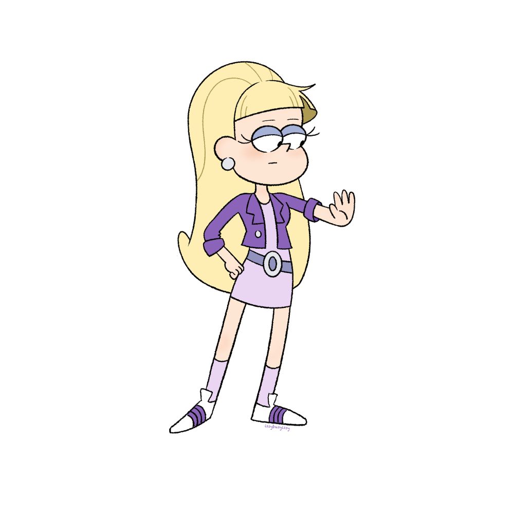 Pacifica is standing with a slight dip at her hips and her right hand curled and resting on her side. Her left arm is extended as she glances at her nails. She is wearing a light purple dress that is accompanied by a dark purple crop jacket and a loose round bucket belt. She is wearing light purple socks with white tennis shoes with matching dark purple lines. Her hair is long blonde and down. She looks indifferent and bored with a slight downturn in her lips.