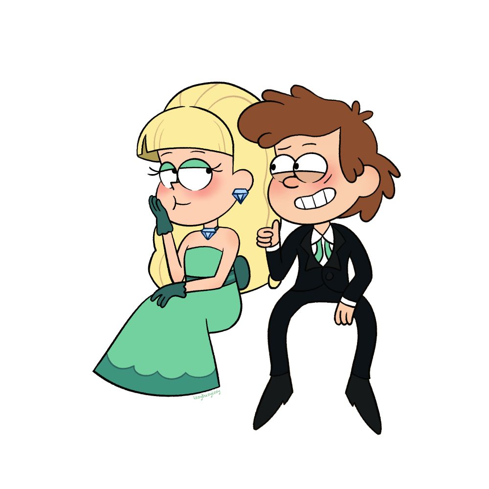 Pacifica, on the left, is wearing her sea-foam green dress peeped on the mansion mystery episode. She is blushing and looking towards Dipper. Dipper is looking back at her with a blush, a shy smile, and a thumbs up. He is also sporting the tux he wore at the manor, along with a sea-foam green undone bow tie.