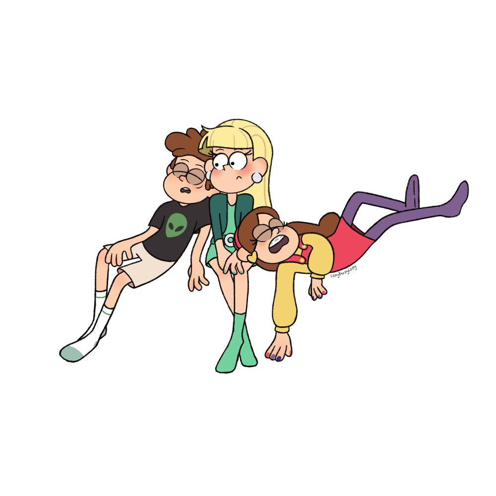 A digital drawing of Dipper Pines, Pacifica Northwest, and Mabel Pines. Dipper and Mabel are napping up against Pacifica, who is sitting in the middle of them. Dipper is slouched against Pacifica’s right side (the viewers left side). He has his head on her shoulder. He is wearing a black t-shirt with a green alien head graphic along with khaki shorts and white socks with a green strip. He is sleeping with his mouth slightly open, exposing his teeth. 
Pacifica has a light blush on her face as she stares at Dipper. She is sitting upright with her hands in her lap. She has her legs crossed in front of her. She is wear a light mint green dress with matching mint green socks along with a forest green cardigan. She is also wearing a green belt with a silver circular buckle, the same silver as her circular earrings. She has her nails painted the same mint green color. Her hair is long, loose, and platinum with bangs.
Mabel is completely slumped onto Pacifica’s left side (viewers right side), resting her head unto the other girls lap with her legs propped up as if she were resting her feet on an armrest of a couch. Mabel is wearing a yellow sweater with a pink overall dress with purple stockings. She has yellow heart shaped stud earrings, a pink headband, and her nails are painted in pink, purple, and blue alternating colors. She is sleeping heavily with her mouth gapped open with her braces visible. Her hair is long and to the side of her.
