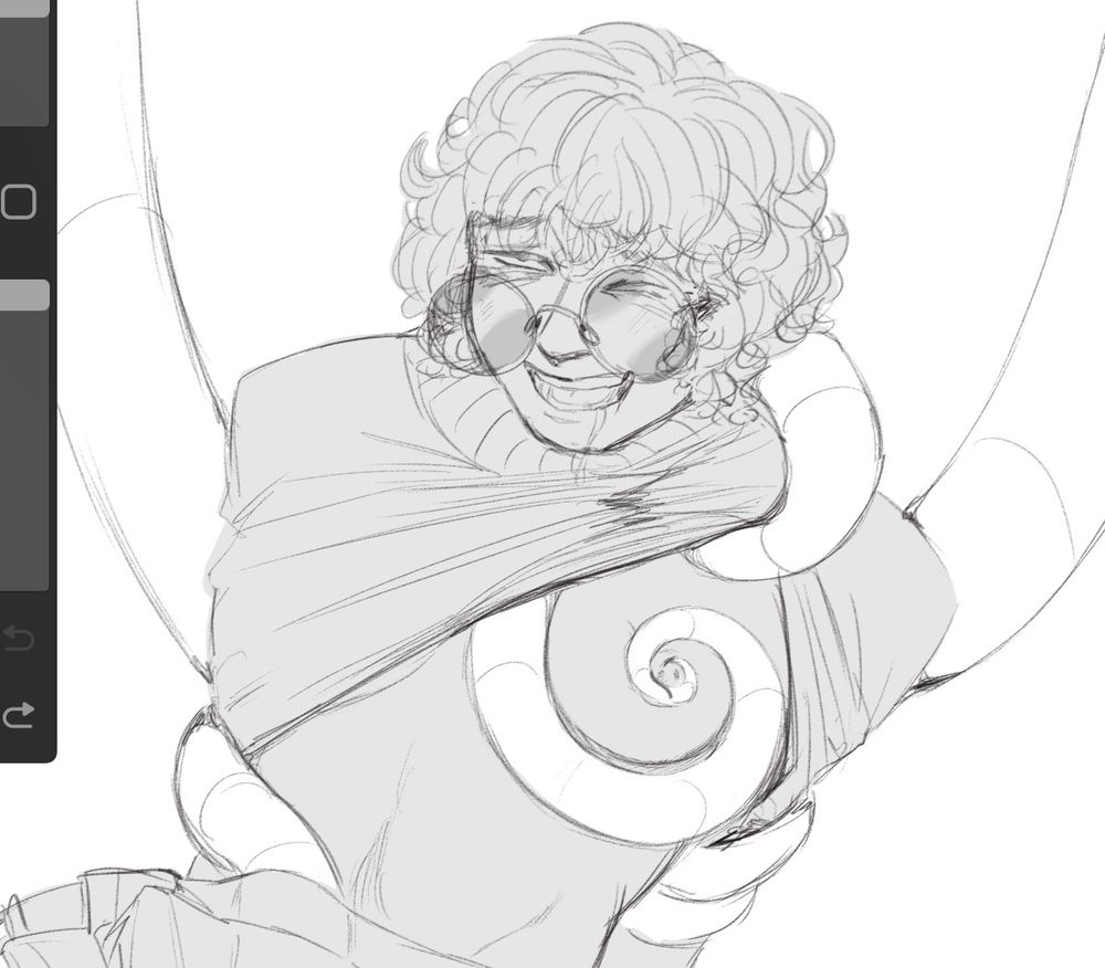 A b&w wip of Cable (they/them) being manhandled by a bunch or tentacles 
