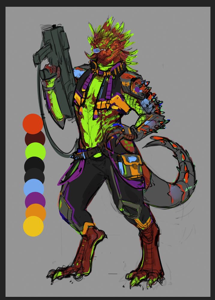 A very rough sketch of a femme Drovaki wearing heavy arm armour, a crop jacket and a pair of low cut trousers. She has a prosthetic tail, and holds up the shape of a large rifle. Her scales are crimson and acid green. 