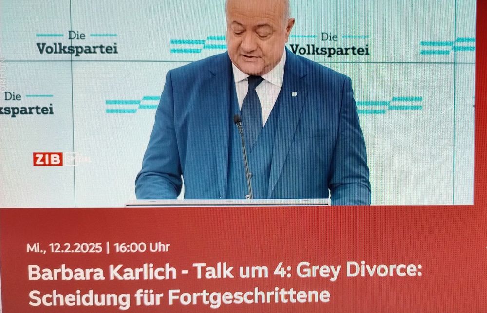 Bildschirmfoto ORF ON von der Pressekonferenz ÖVP mit Untertitel "Barbara Karlich Grey Divorce: Scheidung für Fortgeschrittene"