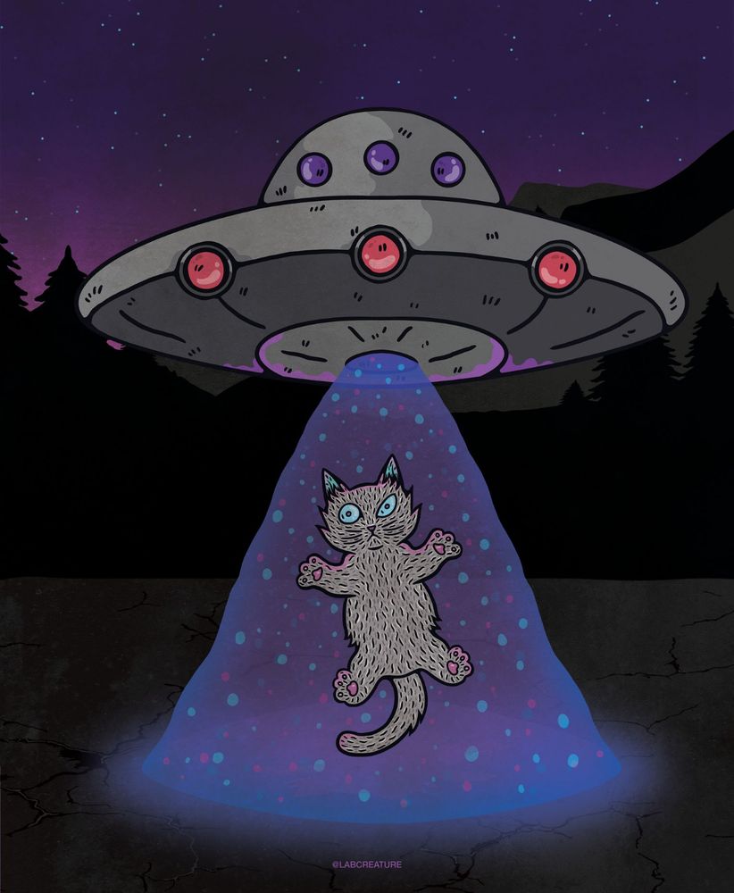Illustration of a grey ufo beaming up a grey cat with a surprised look on their face