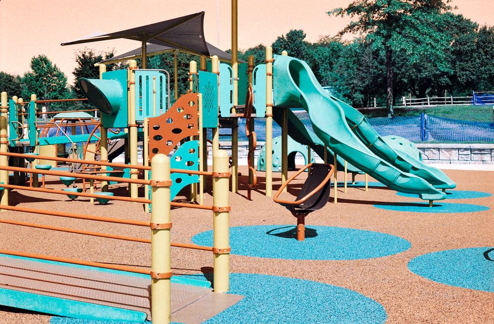 Alternative way to view a playground, with colors transformed to shades of turquoise and gold.