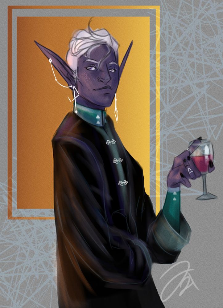 Half body of Essek Thelyss from Critical Role holding a wine glass. 
He is a drow elf with purple skin and white hair wearing black robes with green and silver accents. 