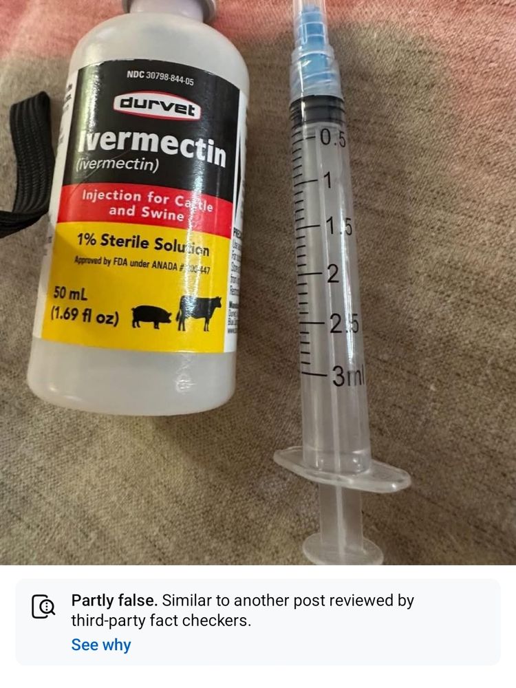 Bottle of Ivermectin with a fact check "partially false"