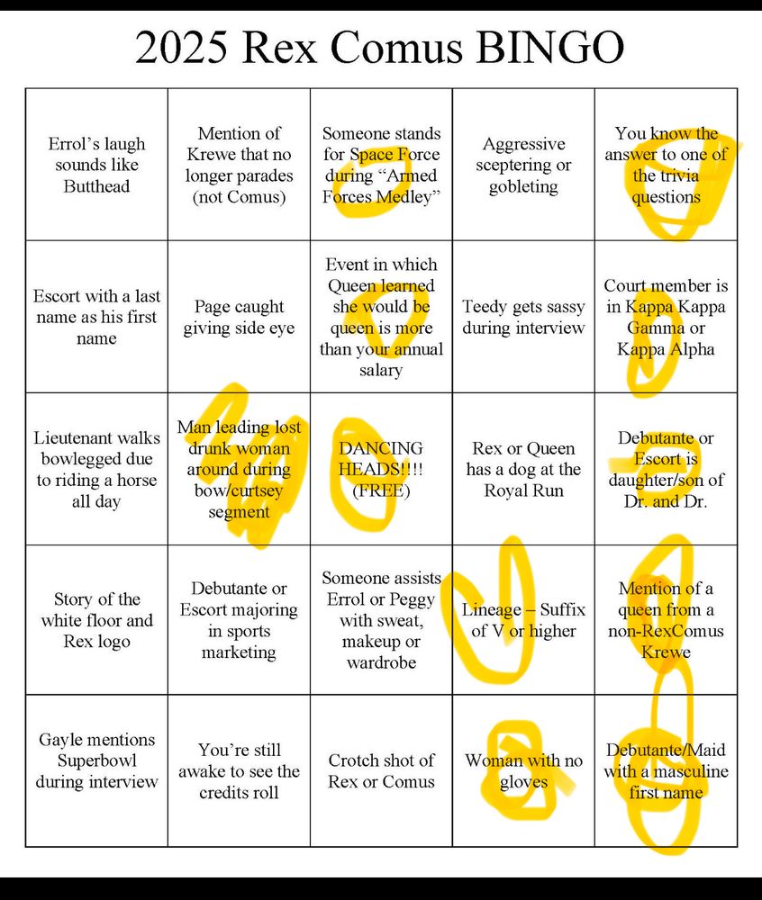 Rex/comus bingo card. Half assededly filled in 