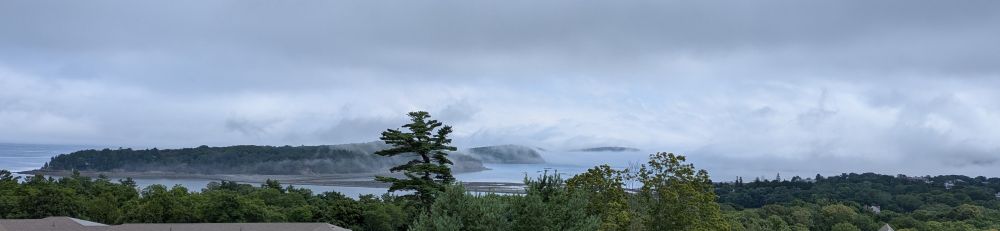island with fog in the distance beyond a treeline 