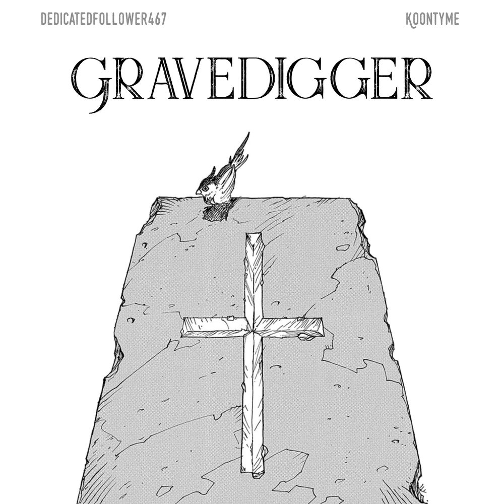 Cover art by Koontyme for podfic of Gravedigger by dedicatedfollower467. Features the image of a certain someone's grave from Trimax, the Trigun manga. The grave marker is a slab of stone with a cross carved into it with a small bird resting on the top of the marker.