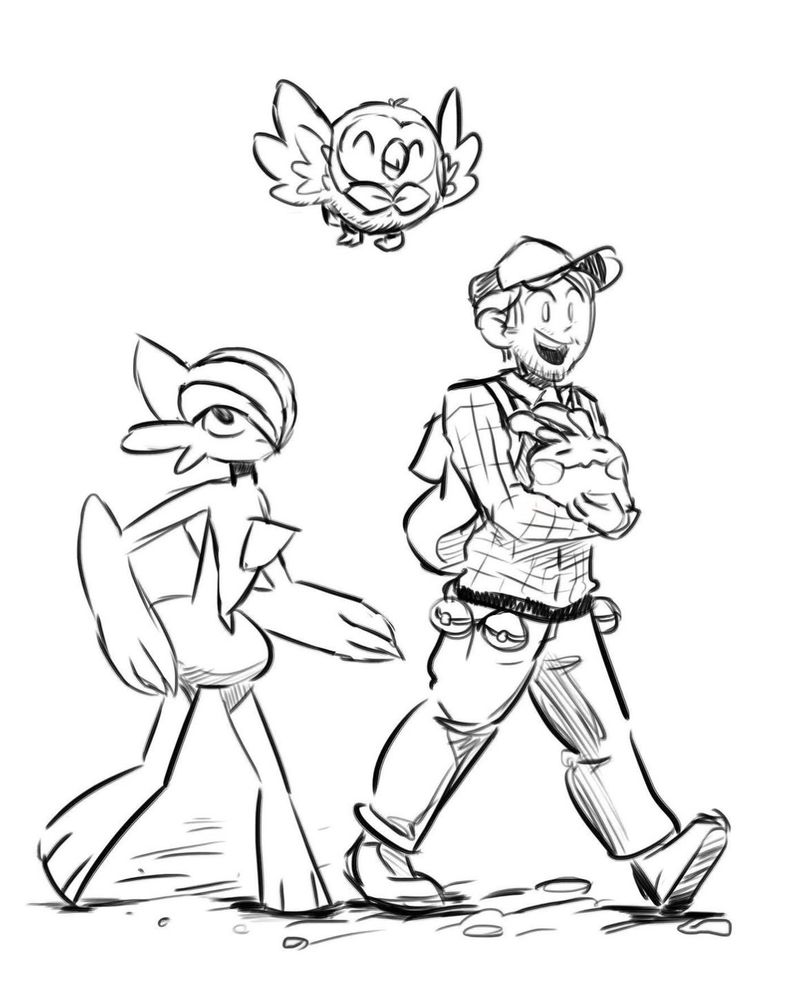 A digital drawing of George as a Pokémon trainer! He’s carrying a Goomy, and is followed by a Gallade and a Rowlet