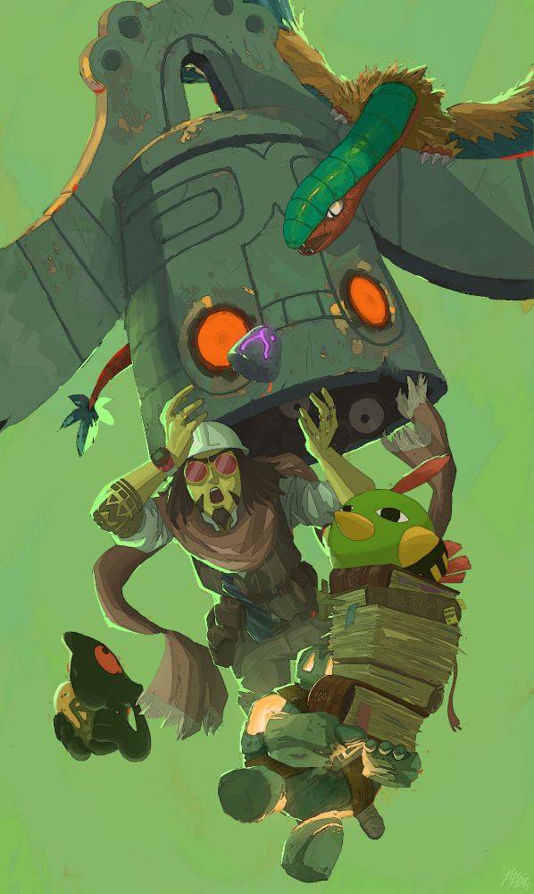 Poke trainer fan self character, me as poke archeologist surrounded by a Natu, Bronzong, Archeops, Yamask and Golett