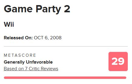 A screenshot of the 29 metacritic score of Wii Game party 2