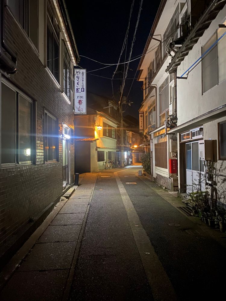 Night view of a desert street in Kinosaki with different temperature of light.