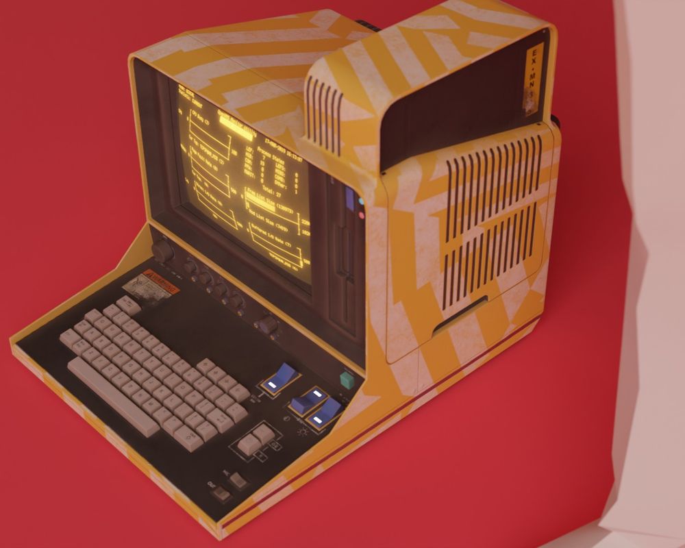 Side view of a 3D model of a retro futuristic computer