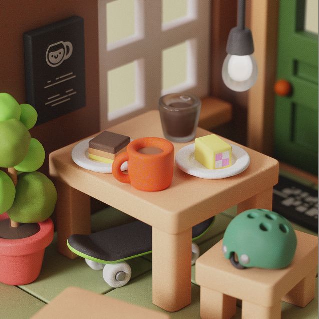 A 3D render of a cafe scene, warm colours, cozy vibes, cute minimal/chunky style. On the table there's an orange mug of coffee, a glass of chocolate milk, a battenburg cake and a millionaires shortbread. Square wooden table and stools, a skateboard under the table and a helmet on one of the stools, a menu on the wall, a plant in a pink pot that's made out of simple bumpy spherical shapes.