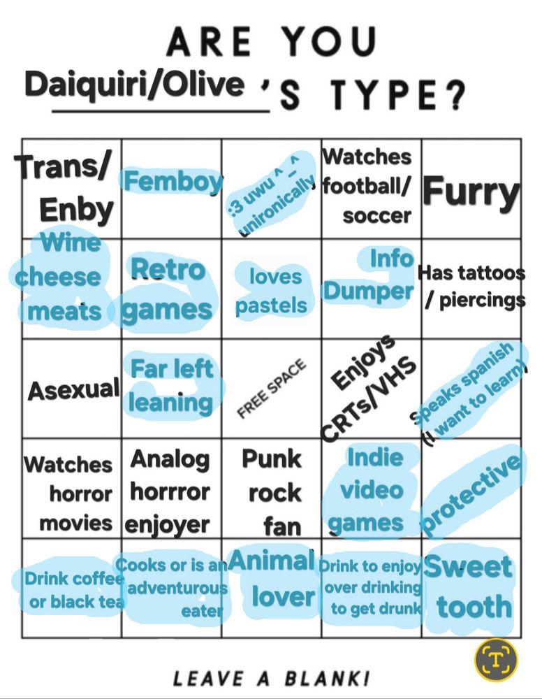Filled out Daiquiri/Olive's type bingo