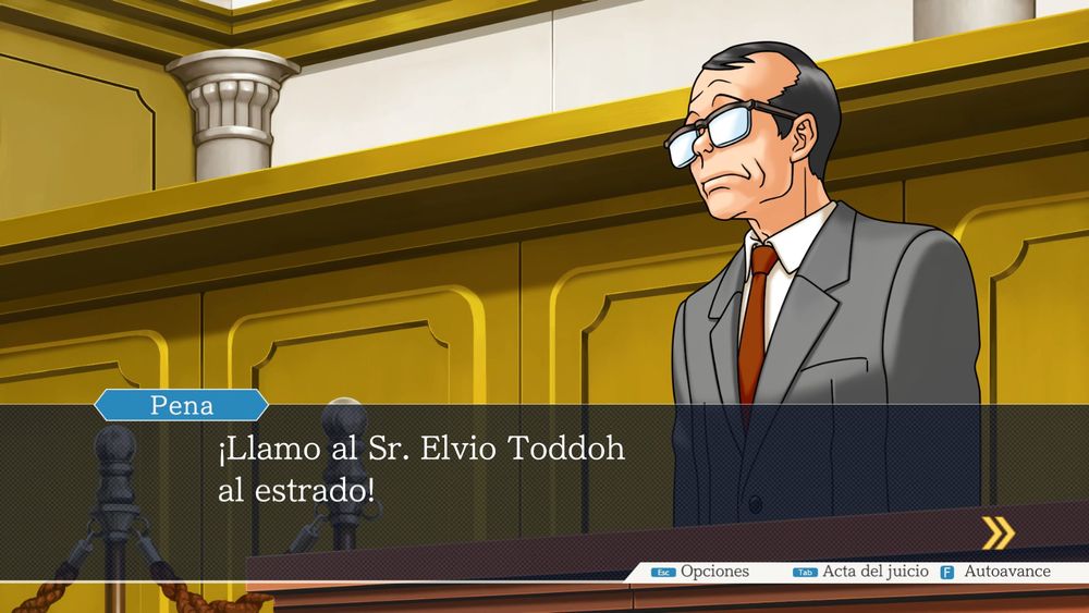 Phoenix Wright: Ace Attorney screenshot showing Winston Payne: "¡Llamo al Sr. Elvio Toddoh al estrado!"