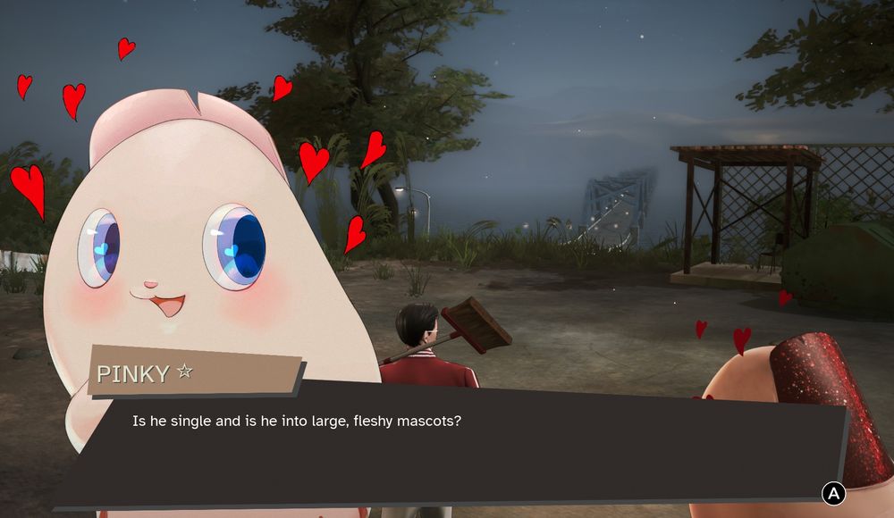 screencap of game Promise Mascot Agency where mascot character Pinky☆ is saying, "Is he single and is he into large, fleshy mascots?"