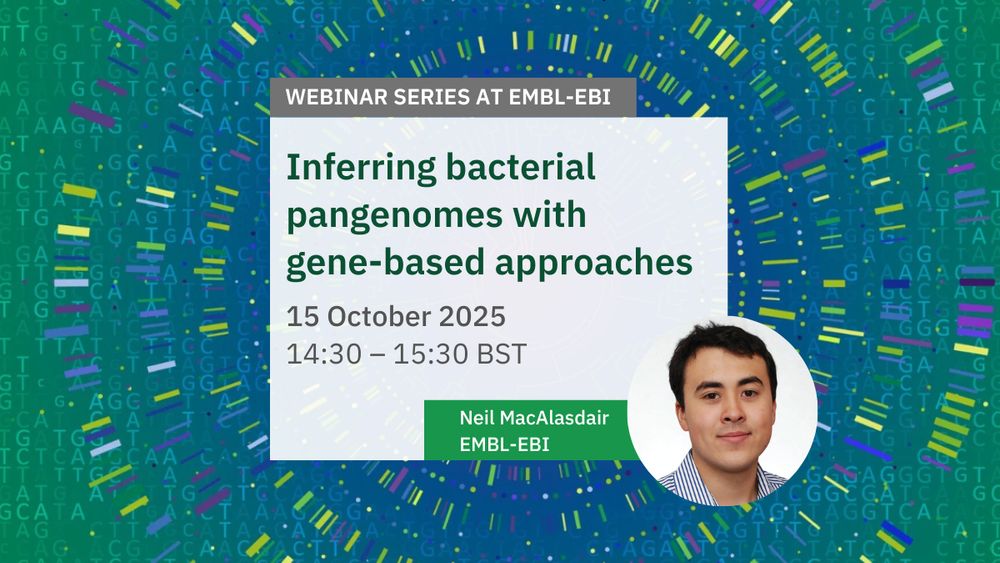 Graphics image showing webinar at EMBL-EBI about Inferring bacterial pangenomes with gene-based approaches. The webinar will run on 15 October 2025 at 14:30 BST. The speaker is Neil MacAlasdair. Image credit: Karen Arnott and Rebecca Nicholl, EMBL-EBI