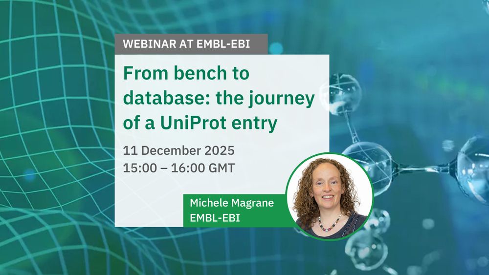 Graphics providing the following information: "Webinar at EMBL-EBI. From bench to database: the journey of a UniProt entry. 11 December 2025, 15:00-16:00 GMT. Speaker: Michele Magrane, EMBL-EBI". A photo of the speaker is provided close to the name.