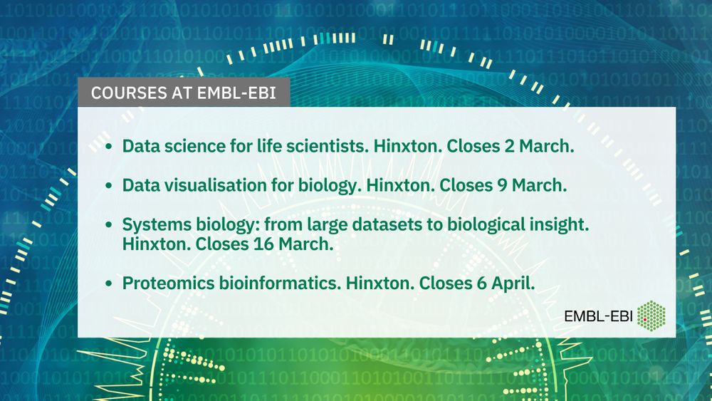 Courses at EMBL-EBI
Data science for life scientists. Hinxton. Closes 2 March.

Data visualisation for biology. Hinxton. Closes 9 March. 

Systems biology: from large datasets to biological insight. Hinxton. Closes 16 March.

Proteomics bioinformatics. Hinxton. Closes 6 April. 