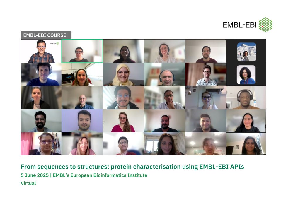 A zoom screenshot of attendees smiling to camera accompanied with the following text. 

EMBL-EBI course. From sequences to structures: Protein characterisation using EMBL-EBI APIs. 5 June 2025 | EMBL's European Bioinformatics Institute. Virtual. EMBL-EBI logo.