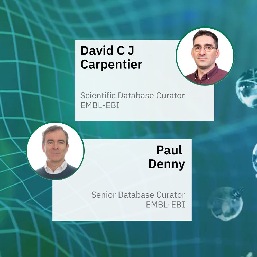 Graphic showing  the speakers' photos and names, as well as their role at EMBL-EBI: David CJ Carpentier (Scientific Database Curator) and Paul Denny (Senior Database Curator)