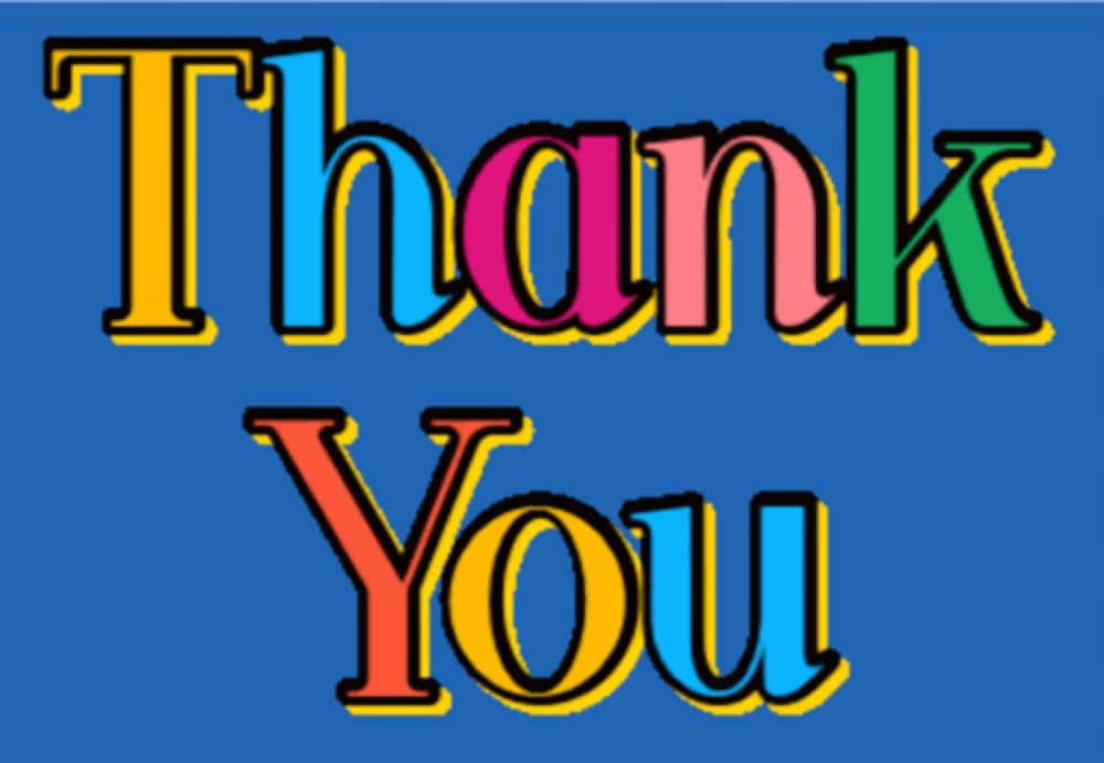 a blue background with the words thank you written in different colors