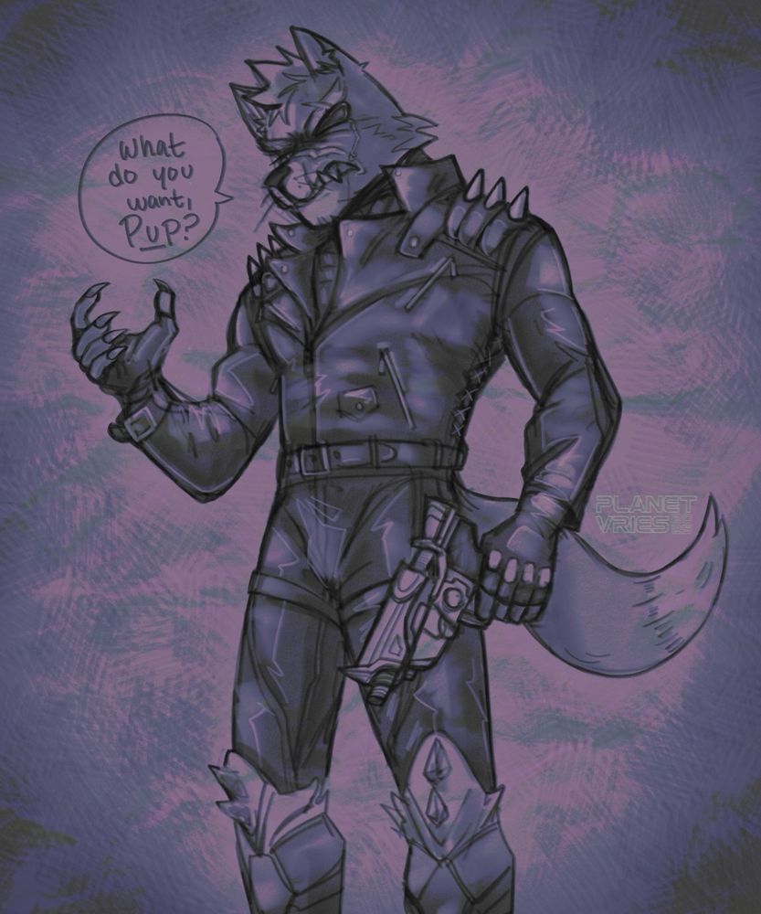 A digital drawing of Star Wolf’s Wolf O’Donnell from Star Fox. He stands, snarling, blaster in one hand, claws bared with his other. He’s dressed in a leather jacket, and pants, as well as gloves, and his armored boots. He has an eyepatch, and scars over his face. He growls, “What do you want, Pup?” The drawing has purple tones, and the background has crosshatching, and a crumpled paper texture.