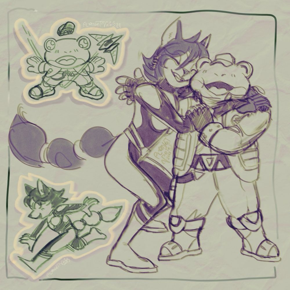 Digital sketches of Krystal and Slippy Toad from Star Fox. They hug each other and smile. In the top left corner is a chibi Slippy with an Arwing flying through his legs. In the bottom left corner is a chibi Krystal. The sketches are done in green and purple, and the background is a crumpled paper texture.